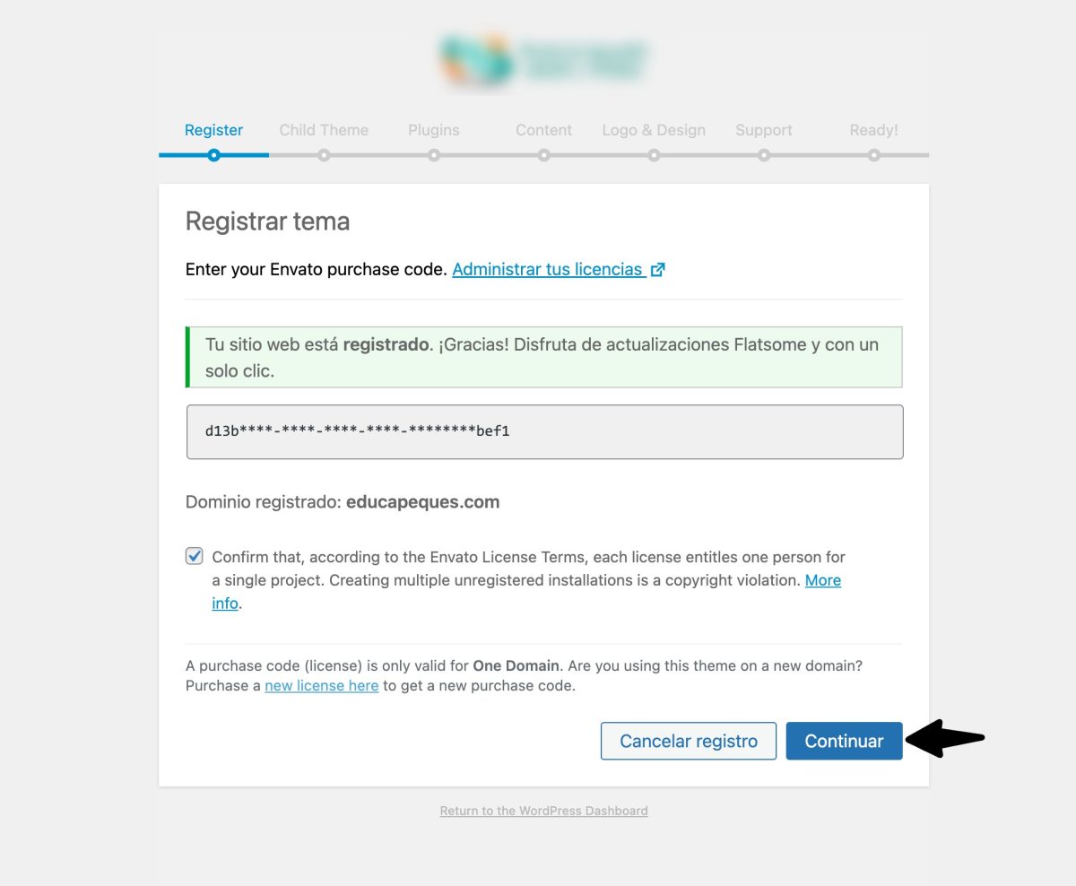 asistente instalacion flatsome registrado