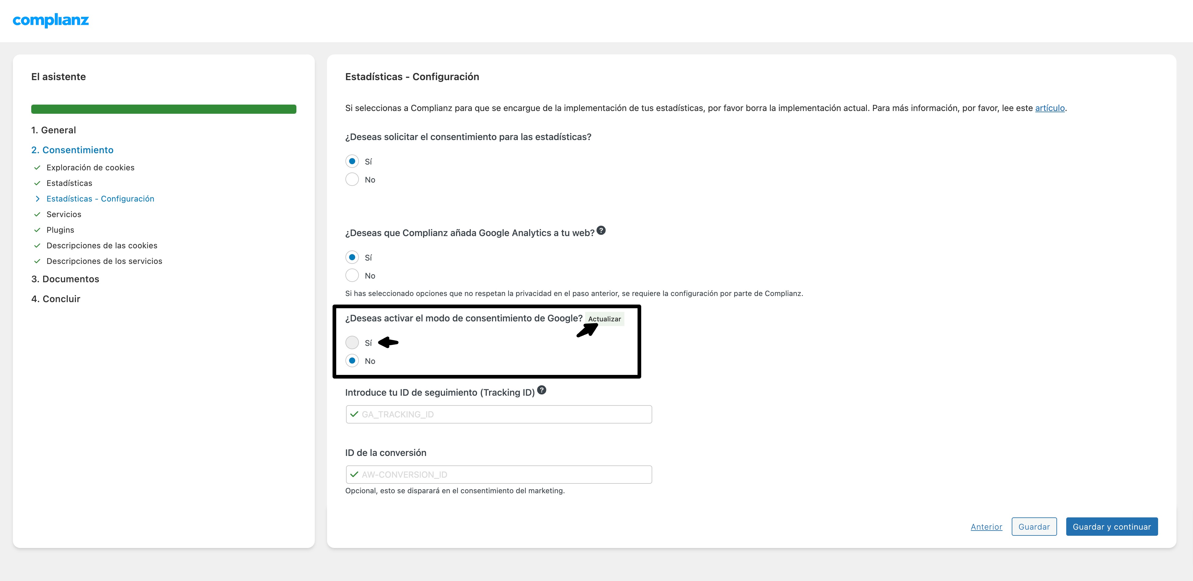 complianz modo consentimiento google v2 inactivo version gratuita