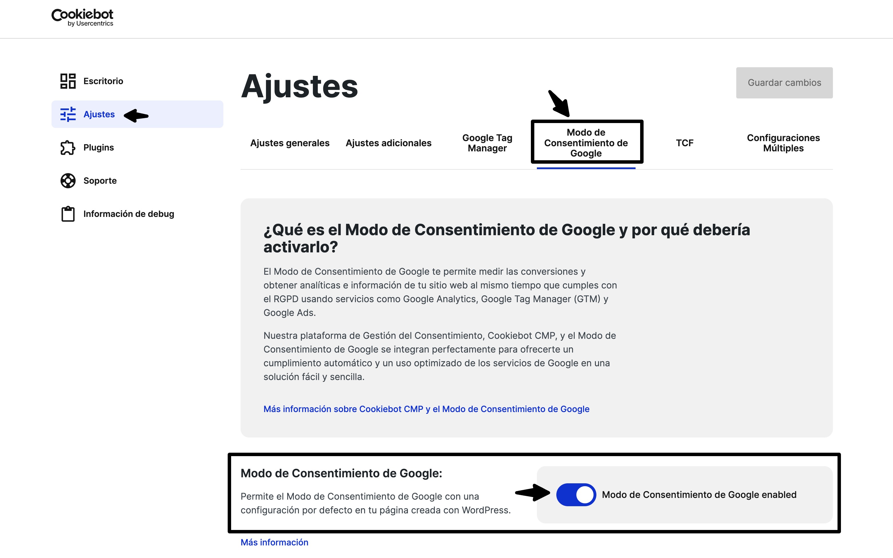 cookiebot modo consentimiento google v2 activar gratis