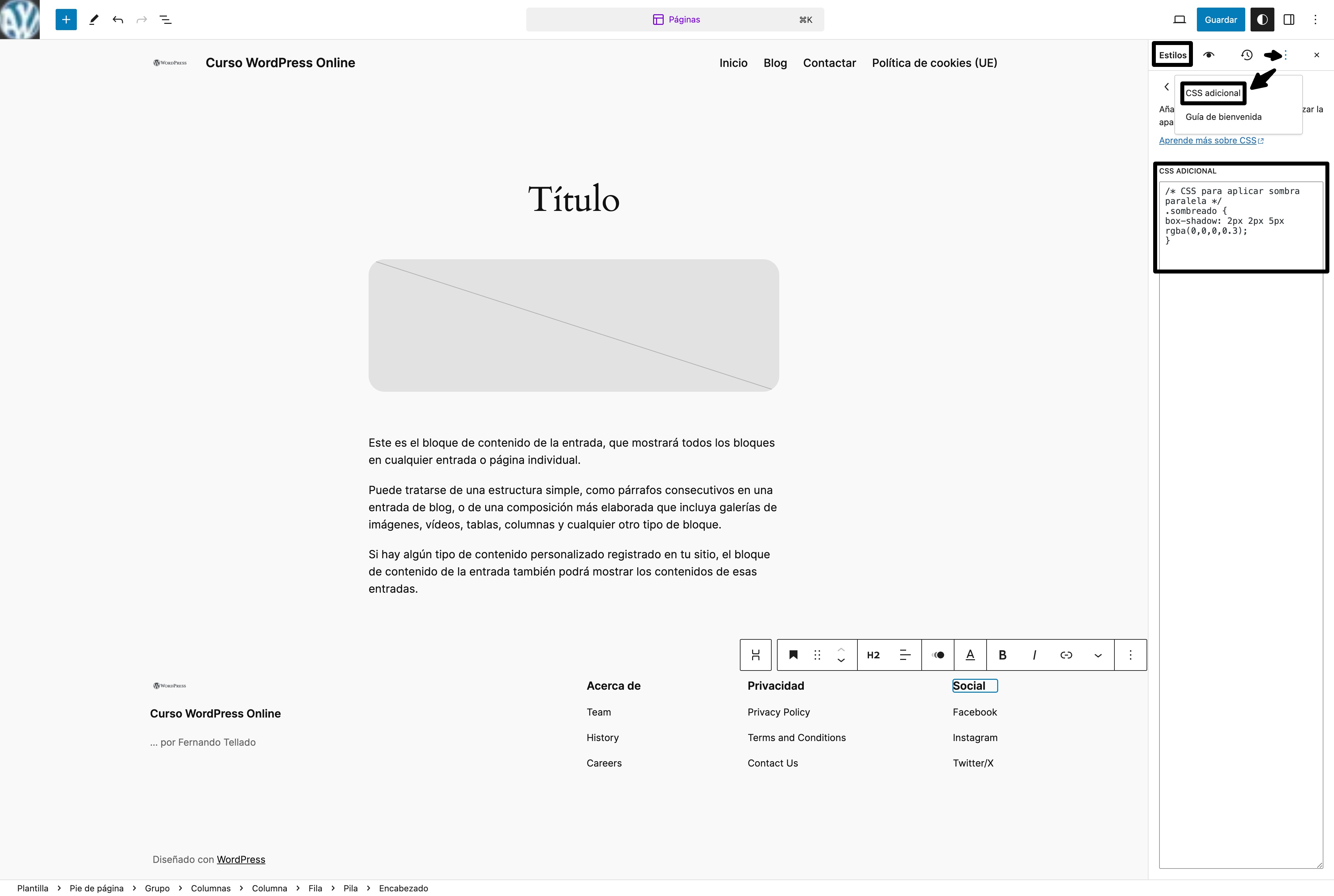 css adicional editor sitio wordpress