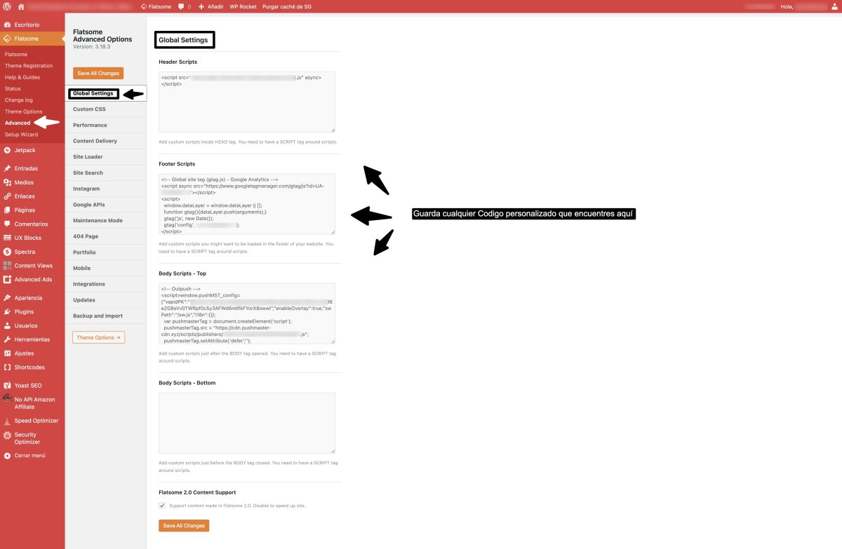 guardar codigos personalizados en flatsome