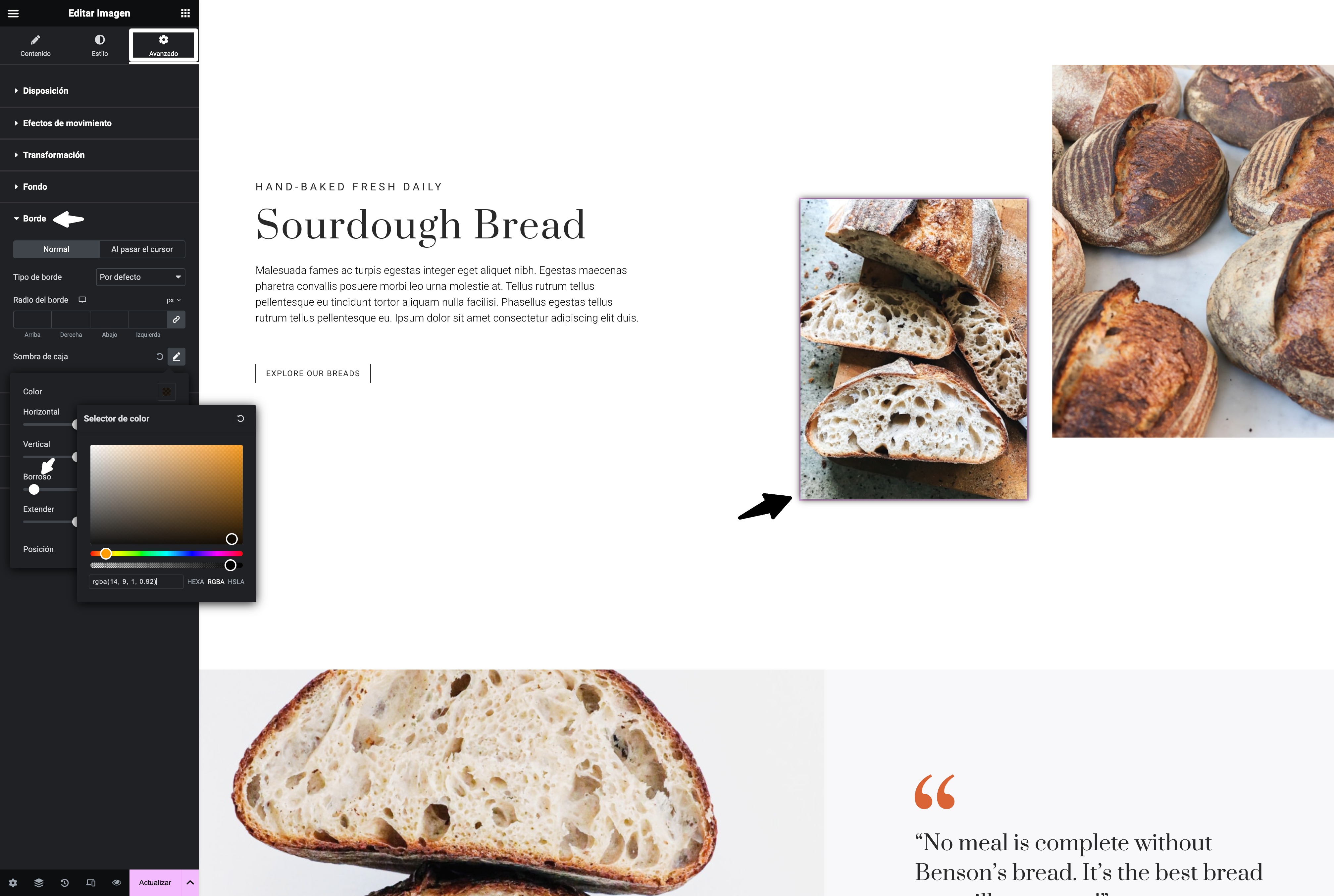 sombreado borde elementor