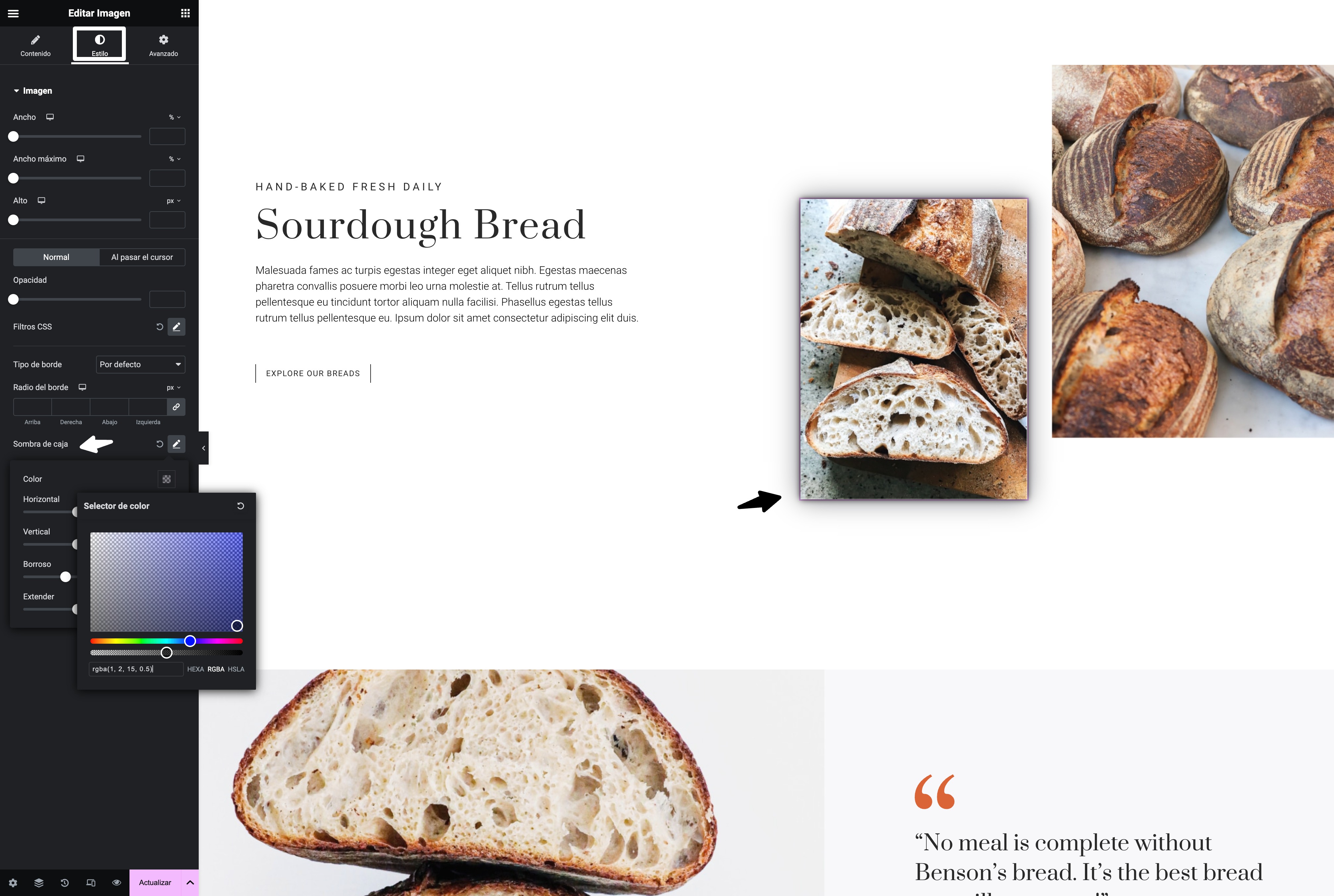 sombreado caja elementor