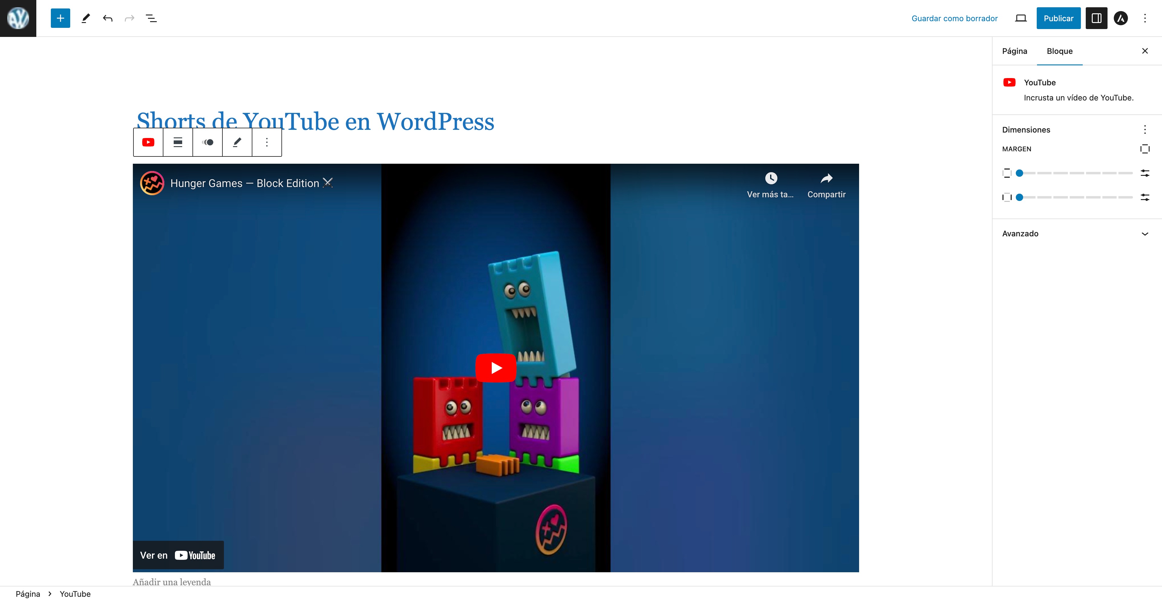 youtube short incrustado en wordpress