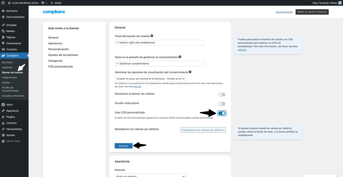 activar css personalizado complianz wordpress