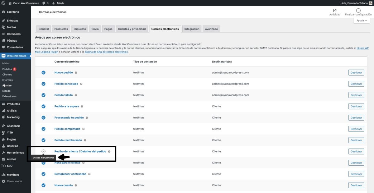 ajustes emails woocommerce recibo pendiente de pago por defecto