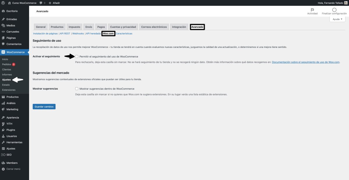 ajustes woo permitir seguimiento