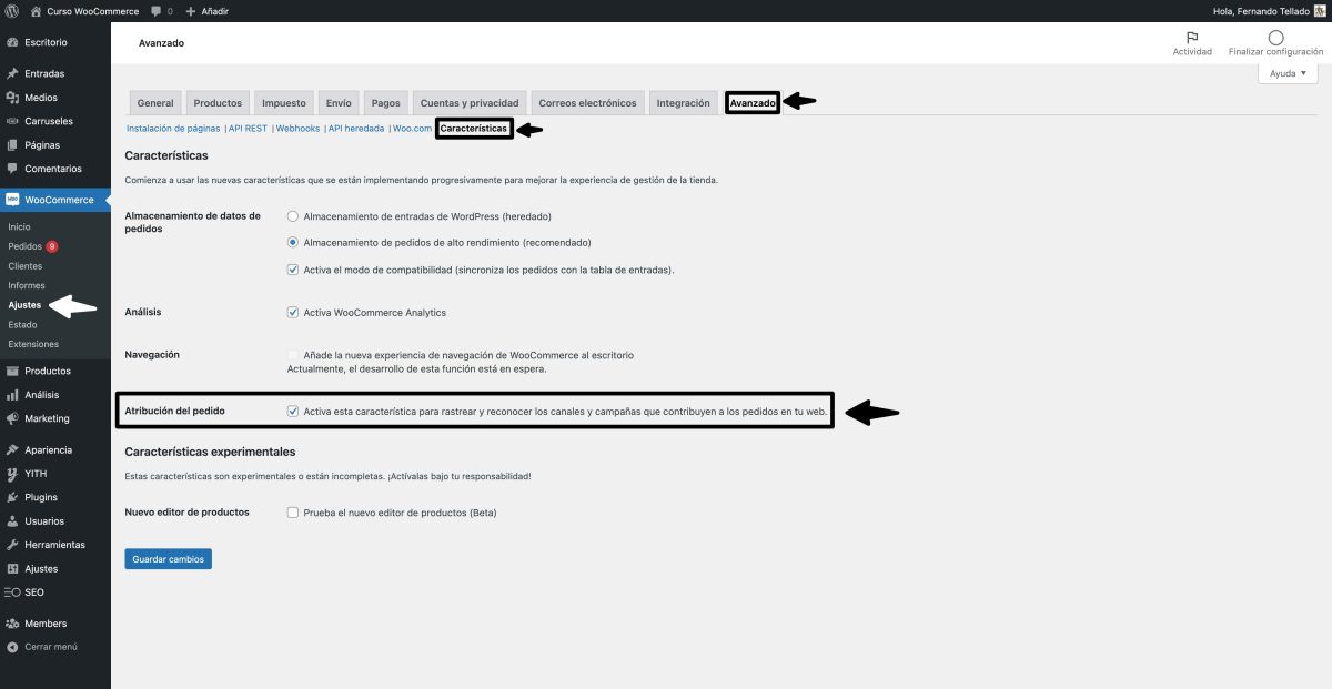 ajustes woocommerce atribucion referente pedido