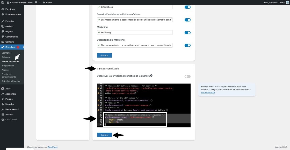 css personalizado barra consentimiento complianz izquierda