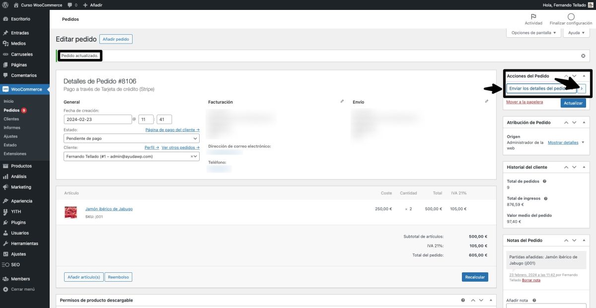 pedido manual woocommerce enviar email pedido al cliente