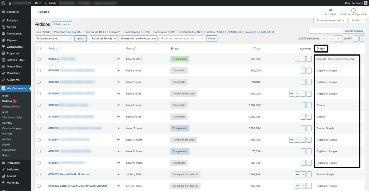 pedidos woocommerce origen referente
