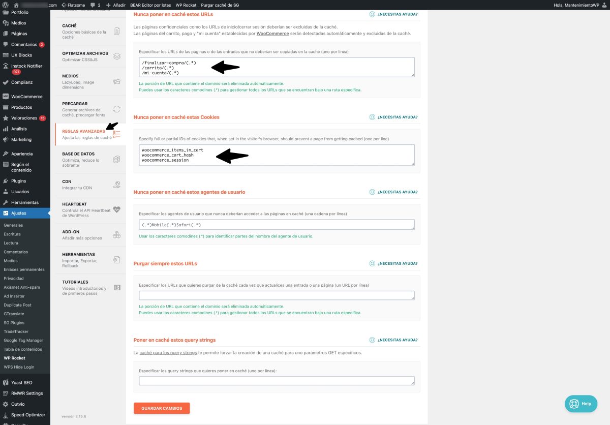 ajustes avanzados cache wp rocket flatsome