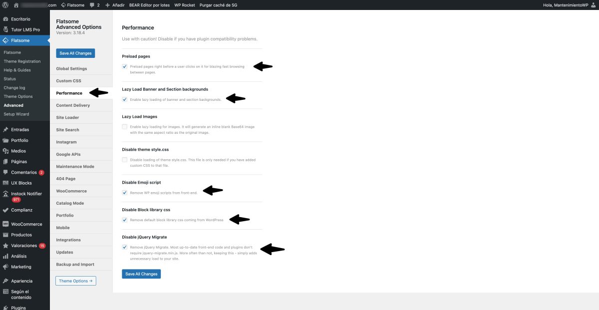 ajustes de rendimiento tema flatsome