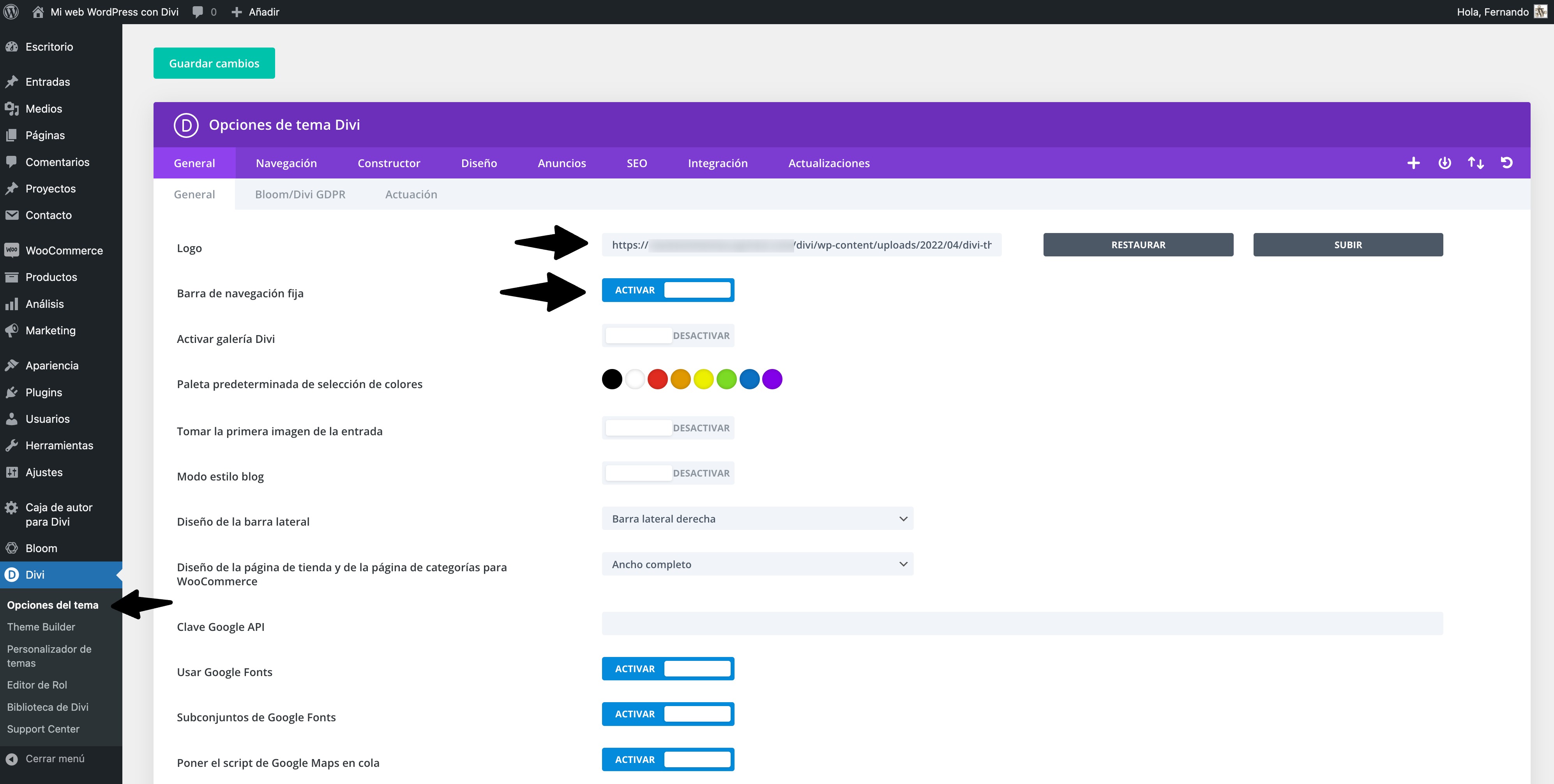 ajustes logo y barra navegacion fija divi