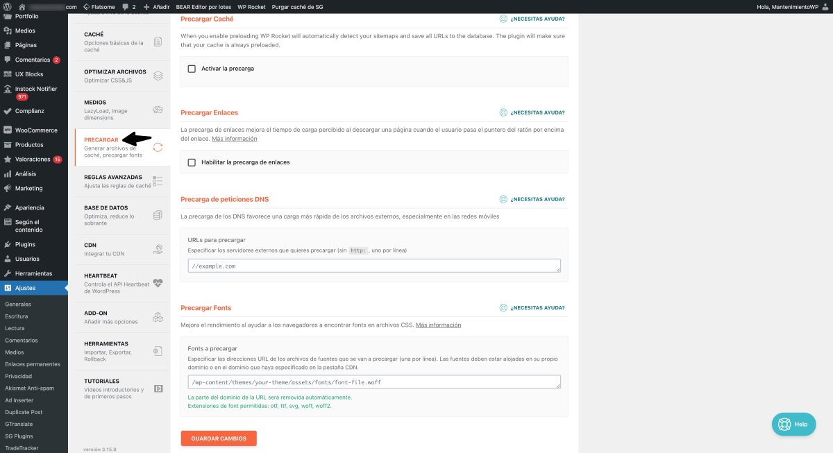 ajustes precargar wp rocket flatsome