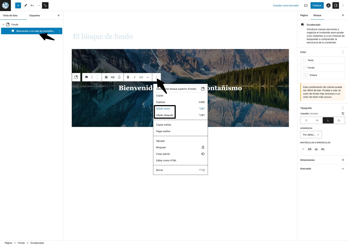 bloque fondo agregar bloques antes despues