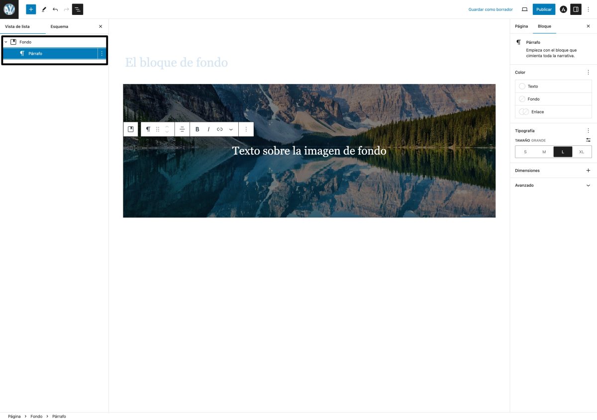 bloque fondo por defecto imagen wordpress