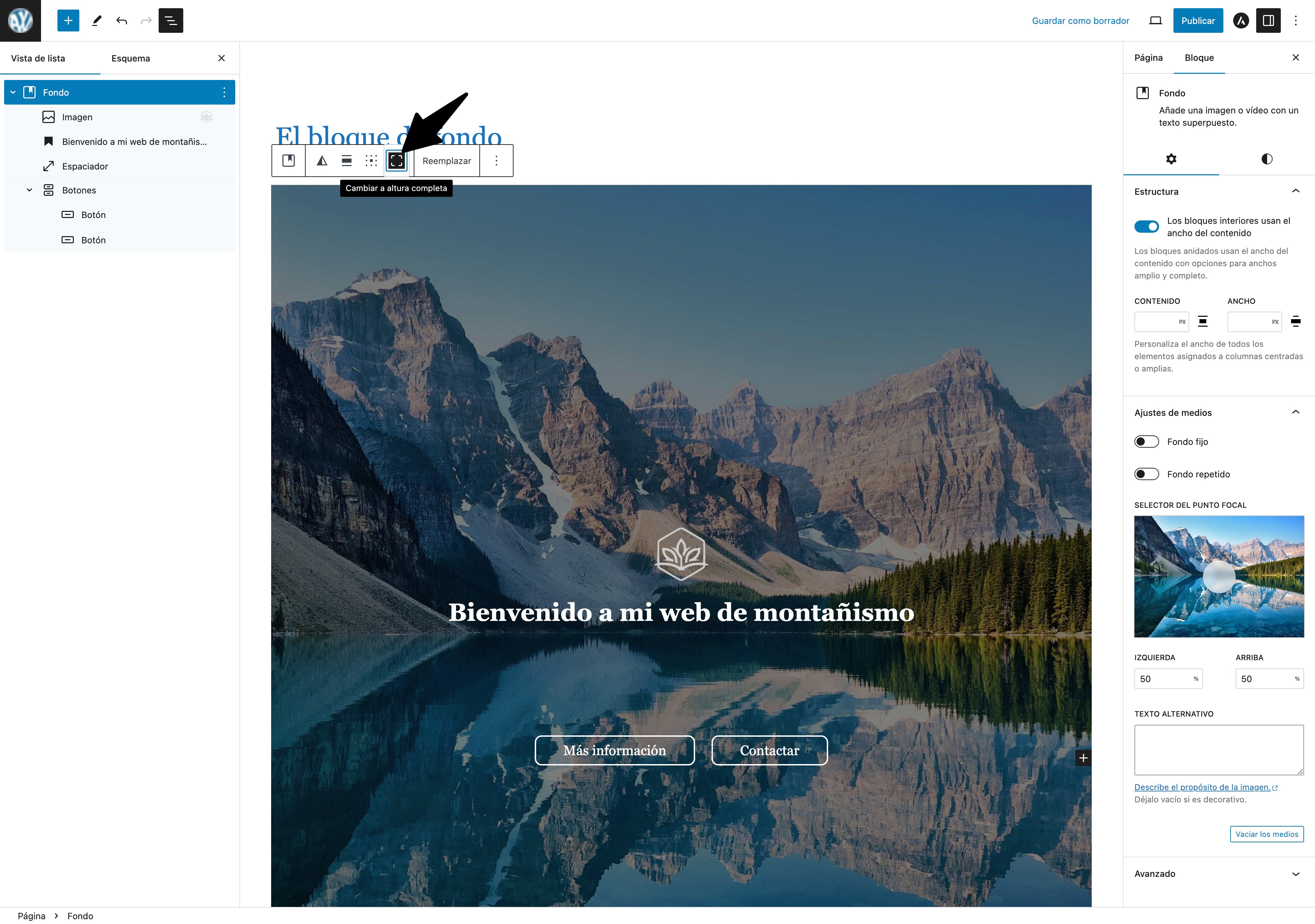 bloque fondo wordpress altura completa
