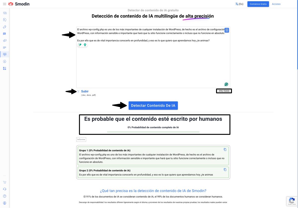 español detector de contenido de ia smodin