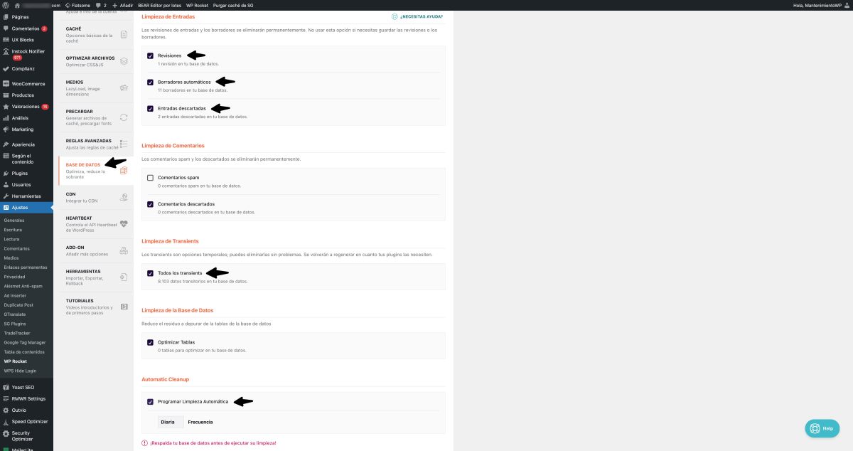 optimizar base datos wp rocket flatsome