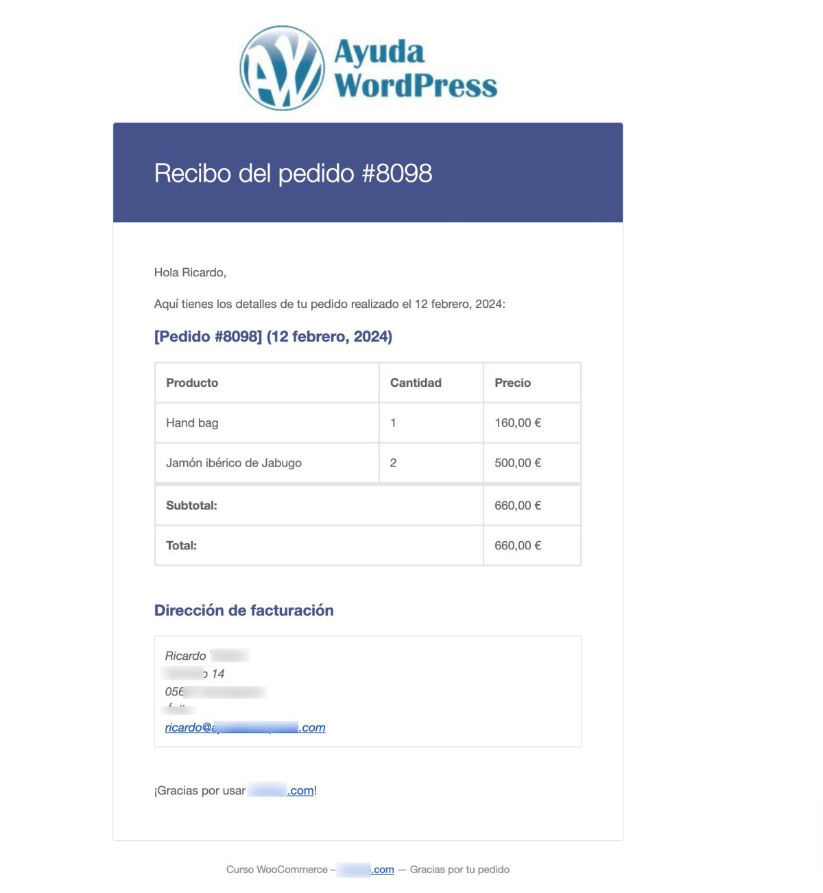 recibo pedido personalizado woocommerce