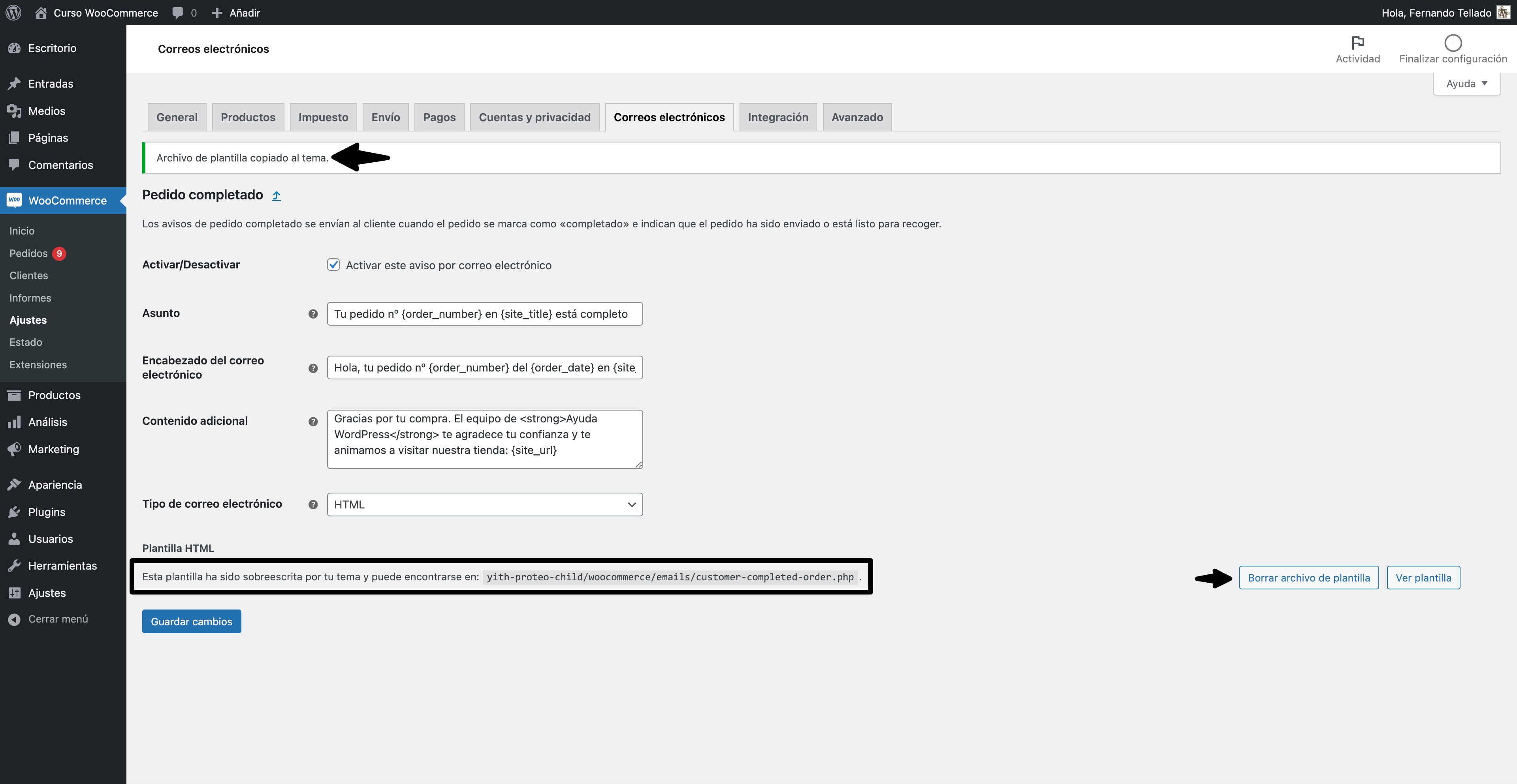 archivo de plantilla woocommerce copiado al tema