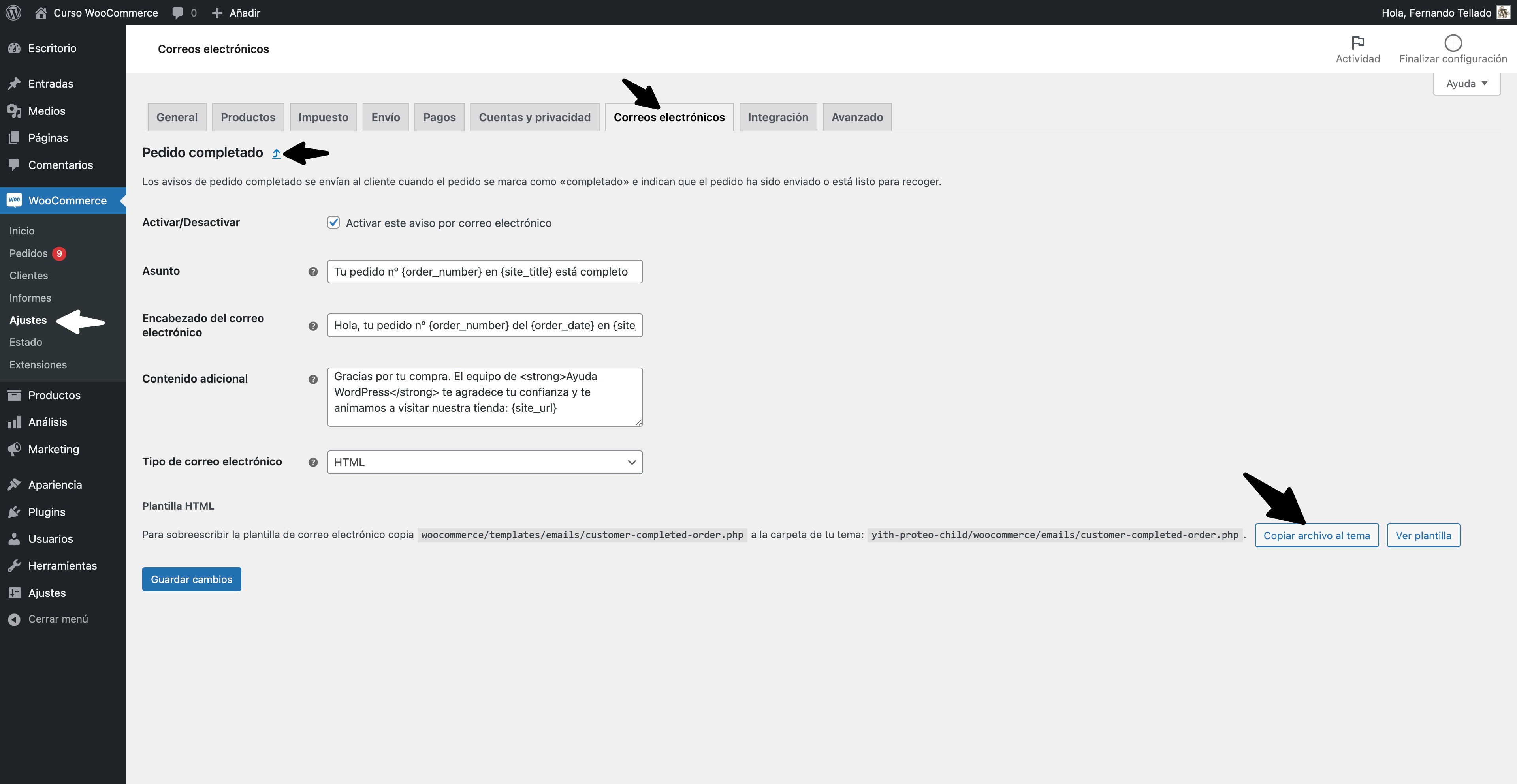 copiar archivos plantilla email woocommerce al tema