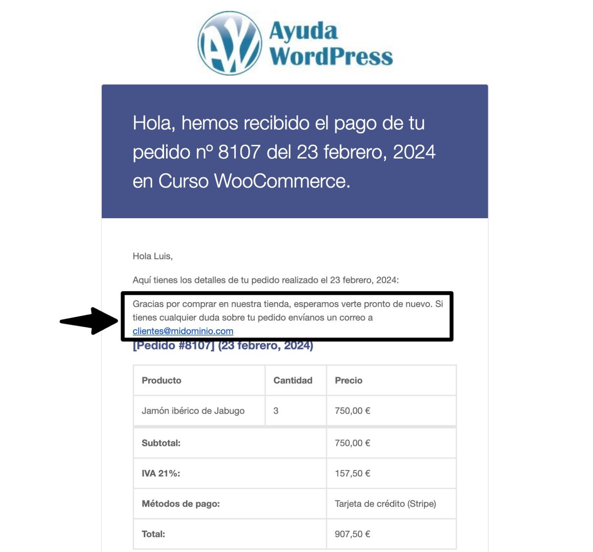 email woocommerce pedido recibido personalizado