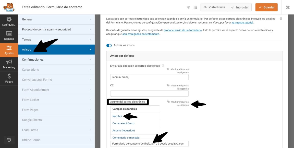 etiquetas inteligentes correo wpforms