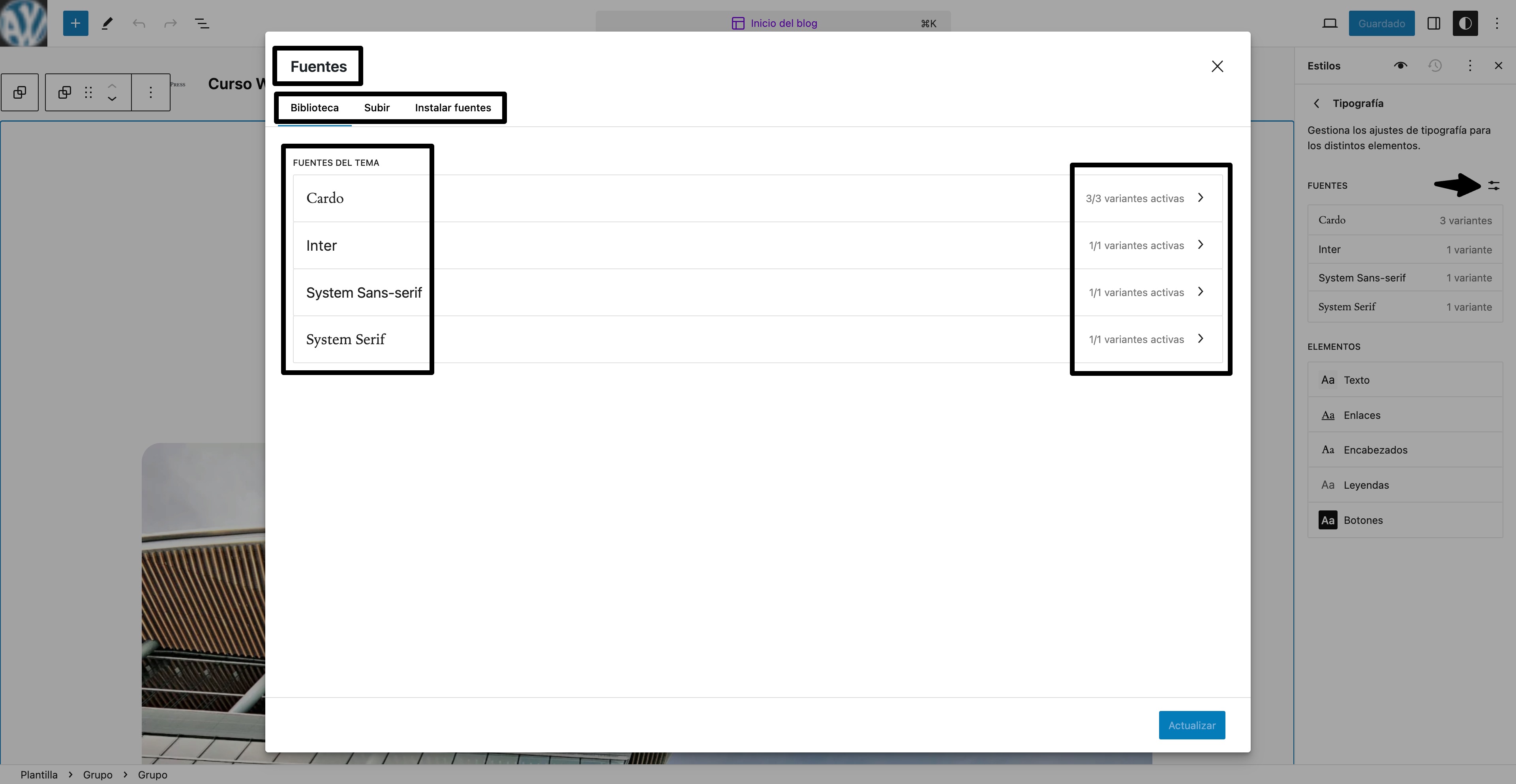 gestor fuentes tipograficas wordpress