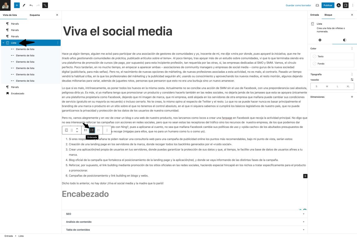 bloque lista wordpress