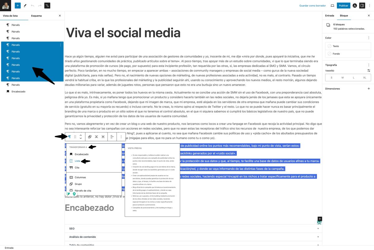 convertir parrafo en lista wordpress