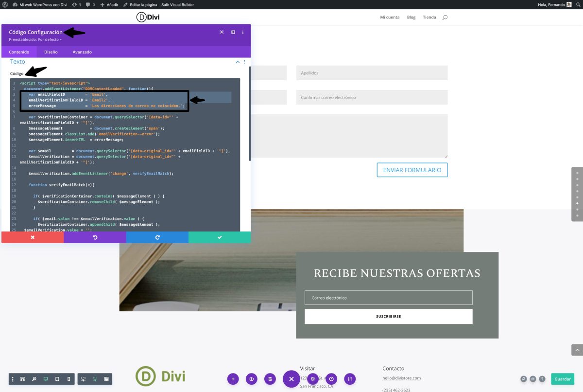 codigo js validar campos email confirmacion divi