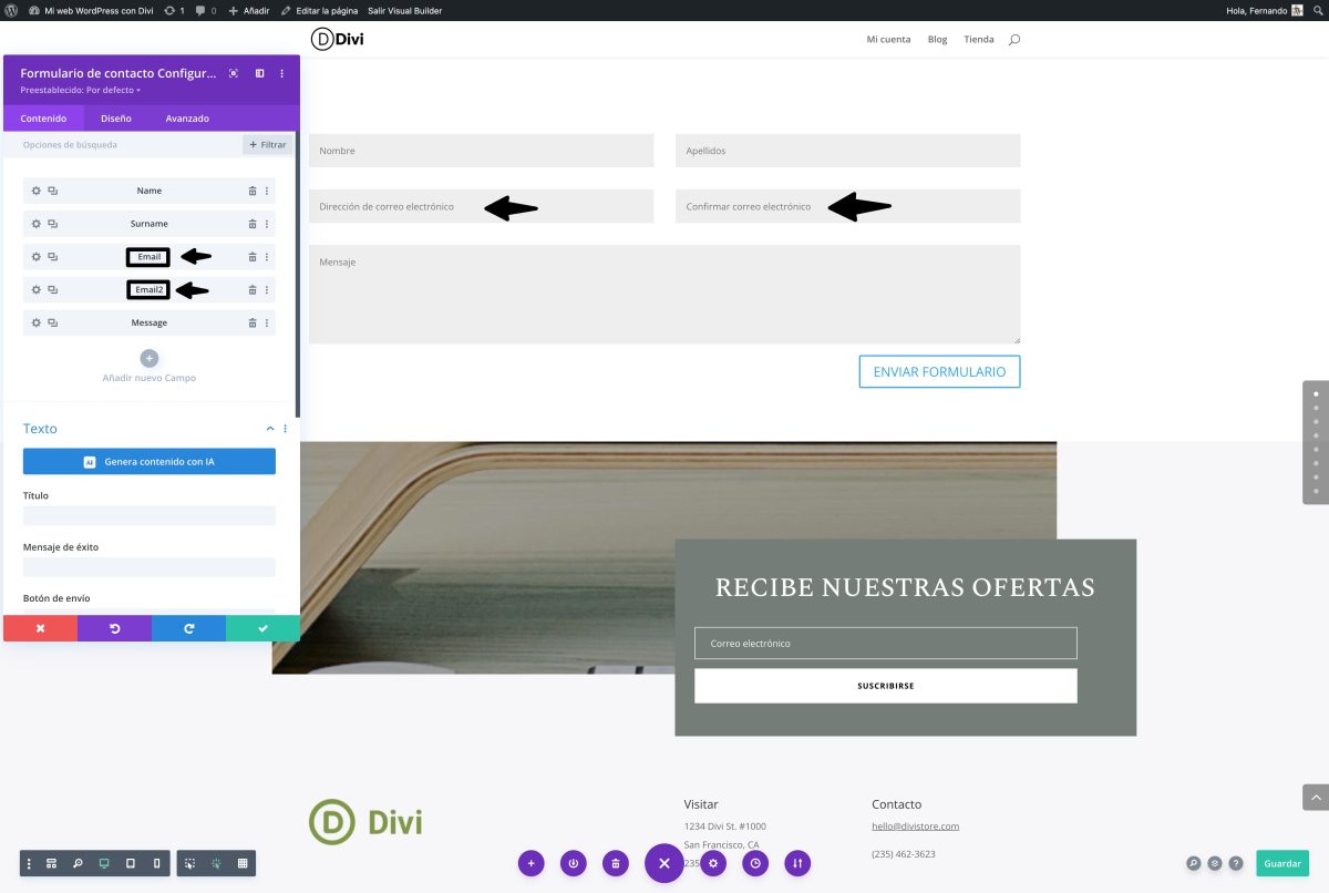 formulario contacto divi confirmar correo electronico con validdacion