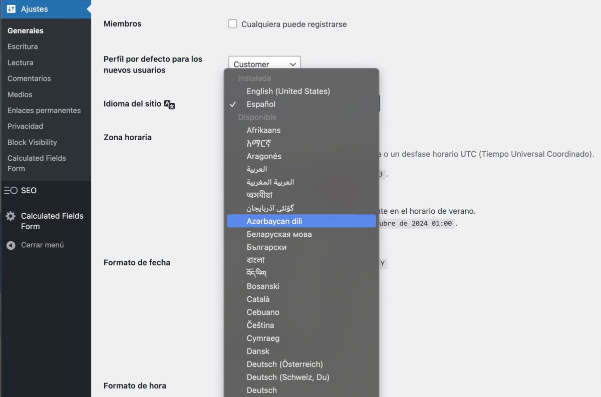 listado idiomas ajustes generales wordpress