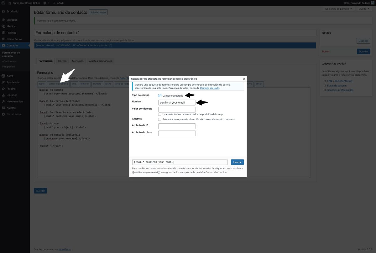 nuevo campo formulario confirmar email contact form 7