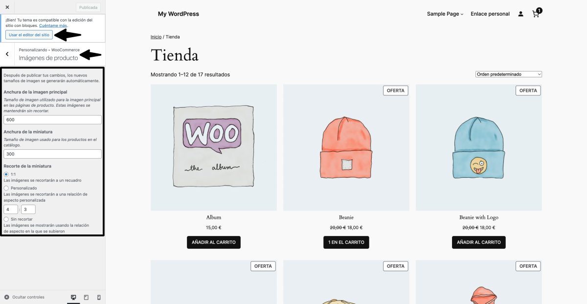 personalizar imagenes producto woocommerce tema bloques