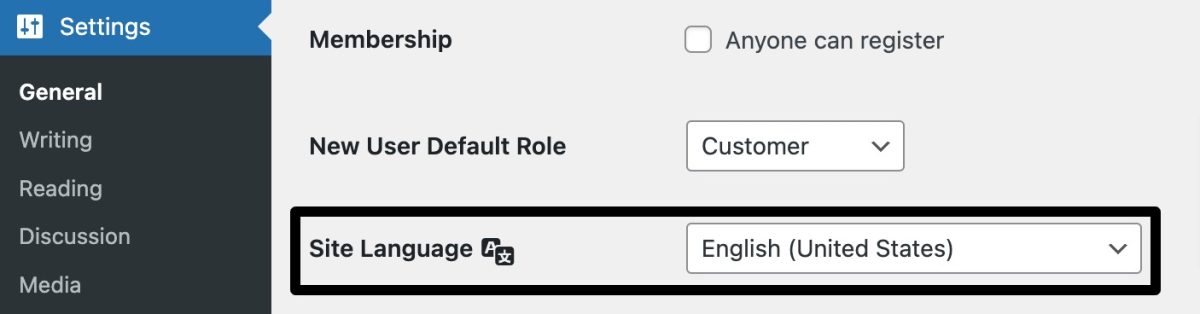 site language wordpress settings