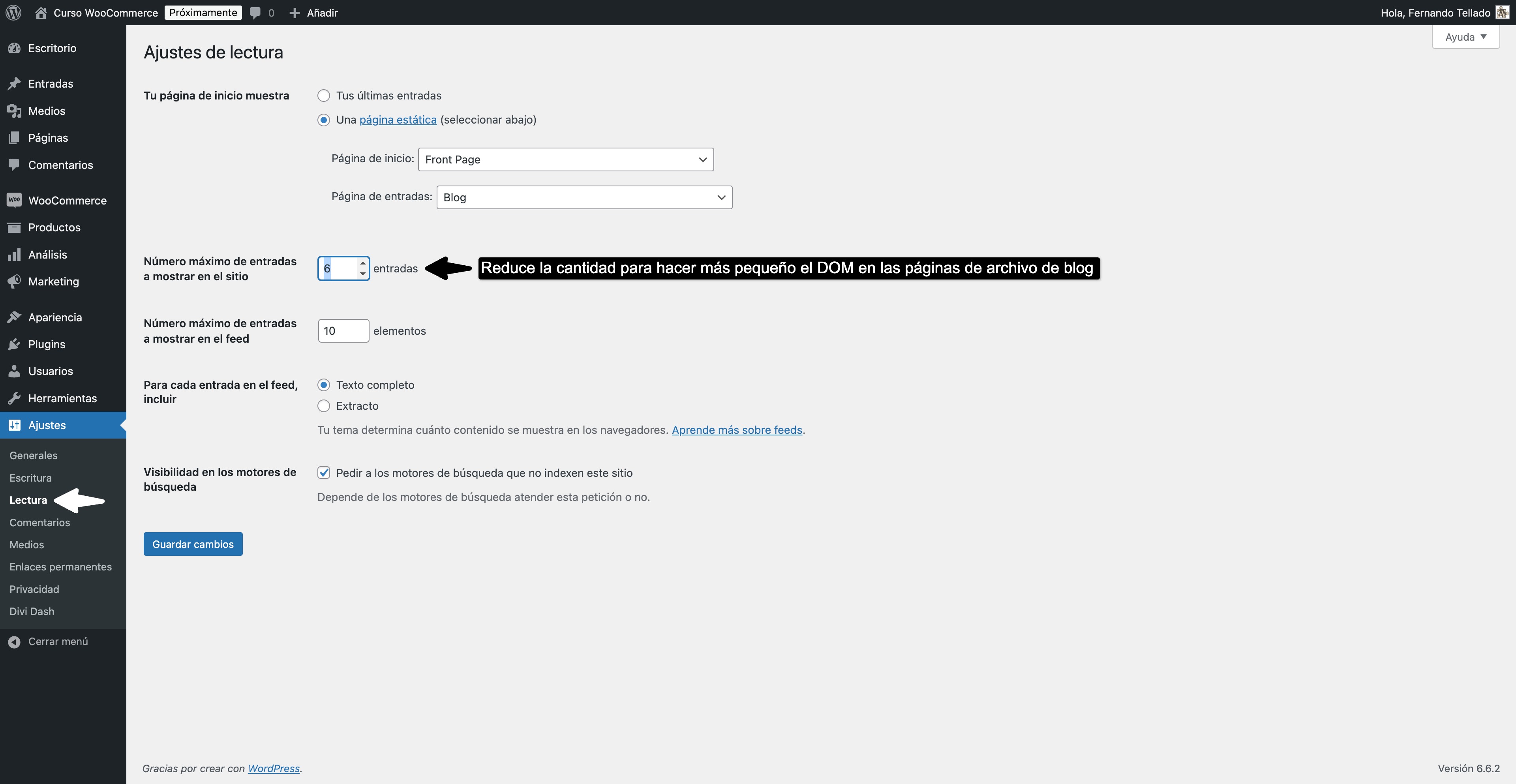 reducir dom wordpress ajustes de lectura