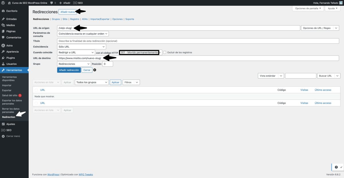 crear redireccion plugin redirection