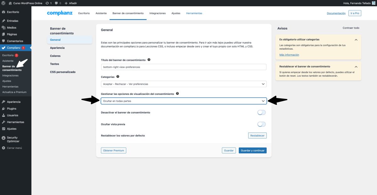 desactivar banner consentimiento complianz