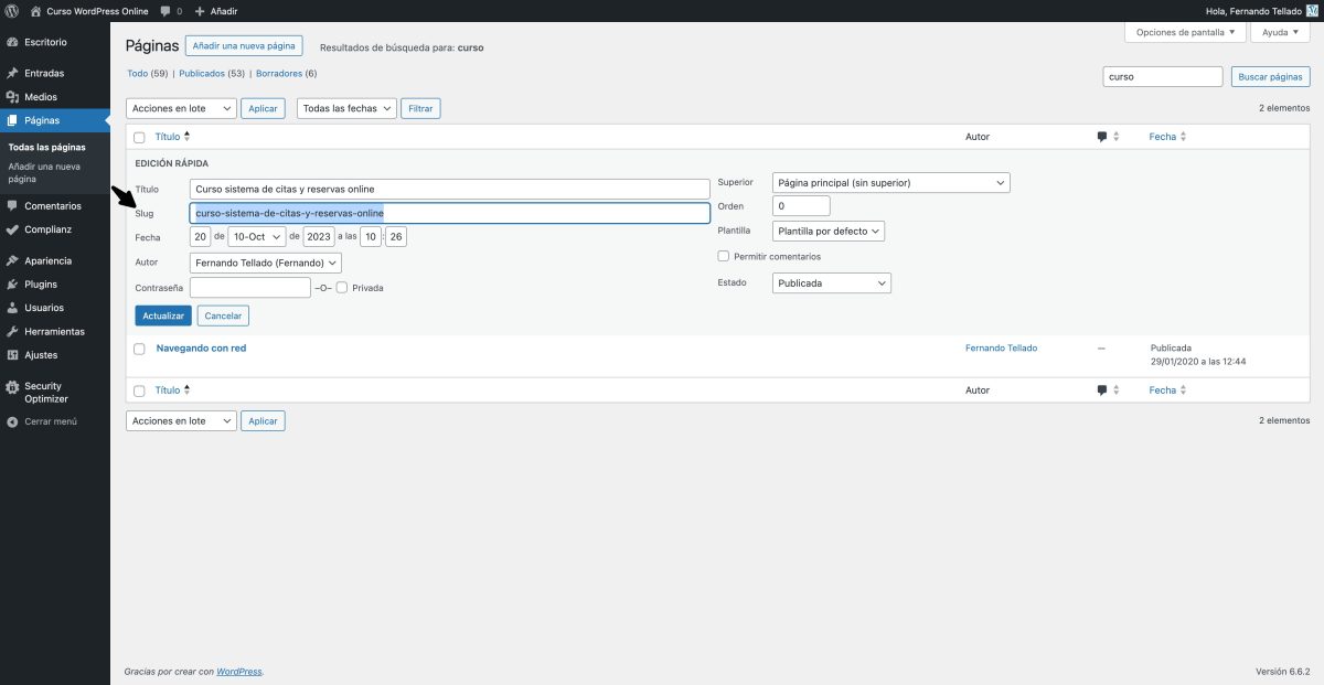 edicion rapida slug entrada wordpress