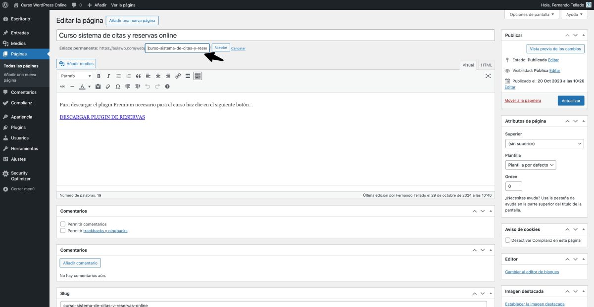 editando slug editor clasico wordpress