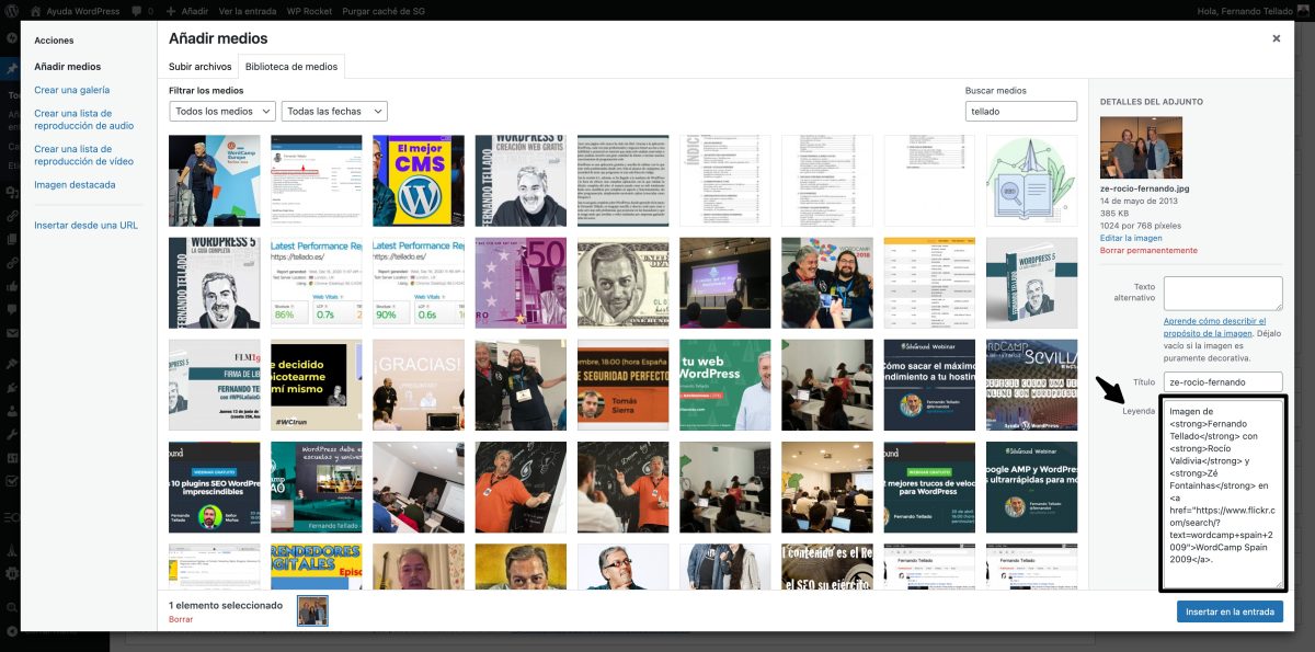 html en leyenda caption pie de foto wordpress