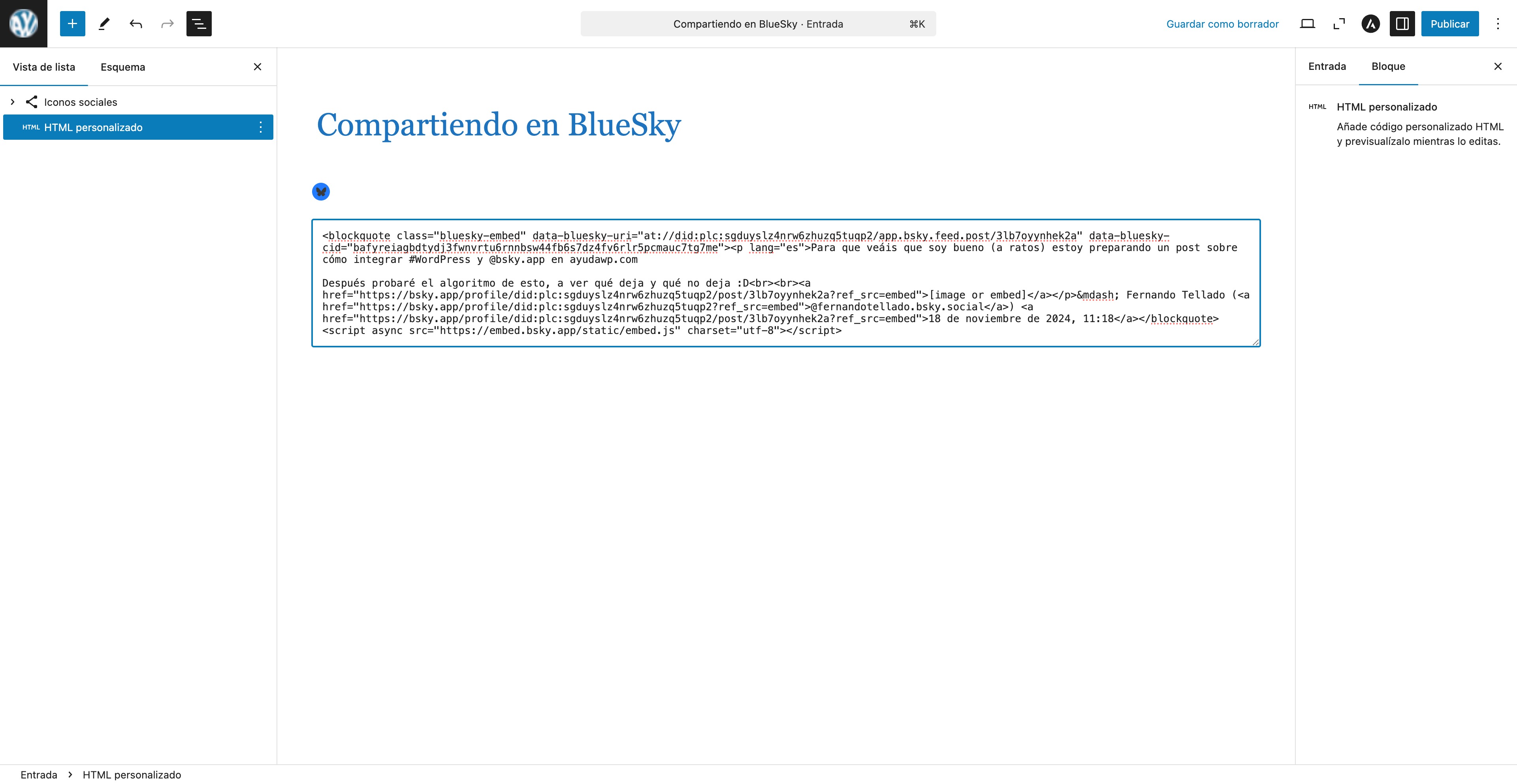 html incrustado bluesky wordpress