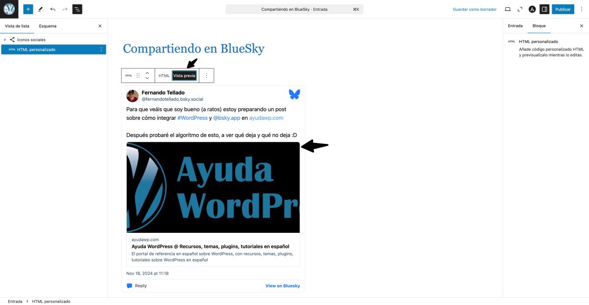 html vista previa incrustado bluesky wordpress