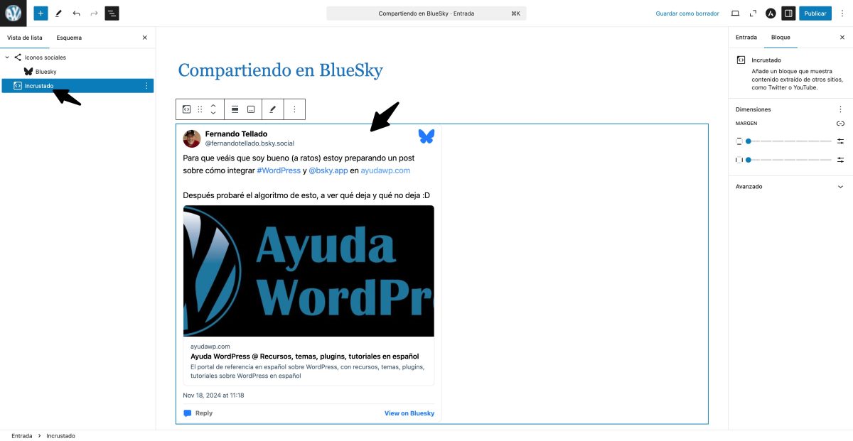 publicacion bluesky bloque incrustado wordpress