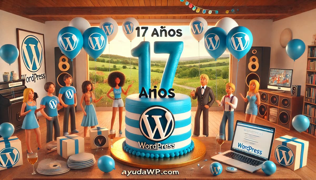 dall·e 2024 12 26 12.47.05 a festive celebration scene for the 17th anniversary of ayudawp.com, featuring a vibrant yet professional wordpress themed party. the image includes a