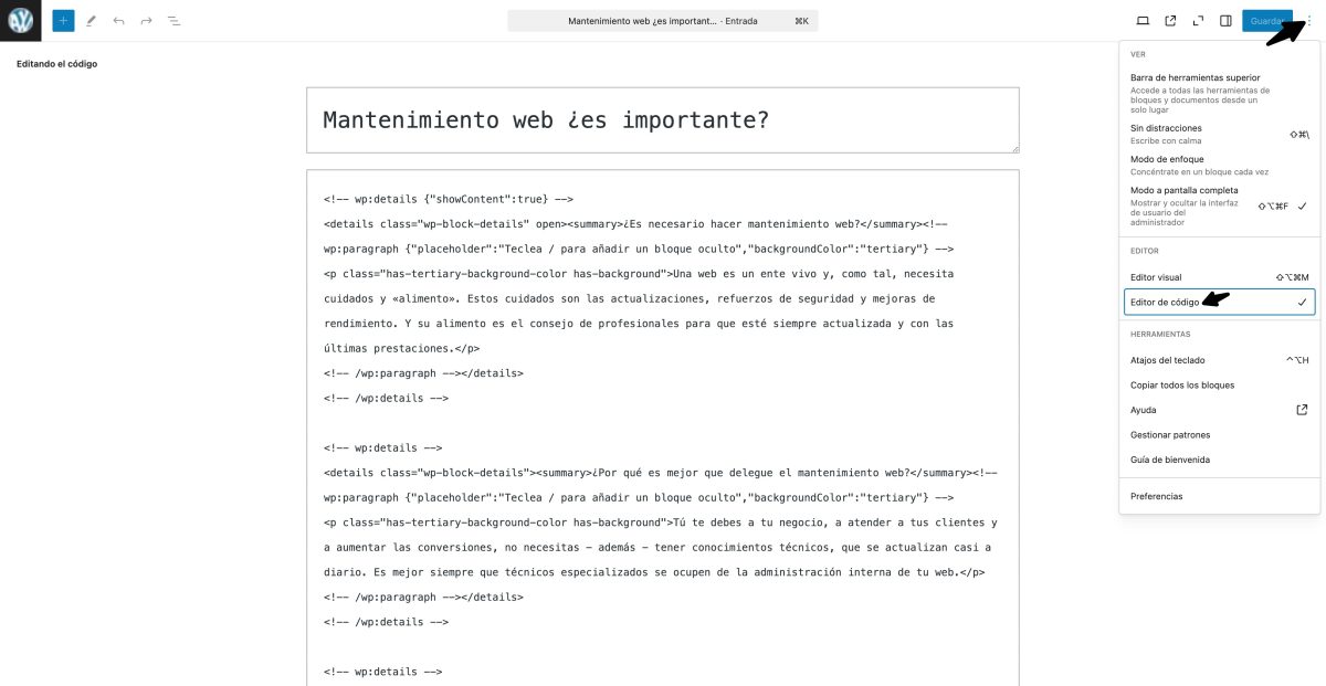 editor de codigo wordpress activado