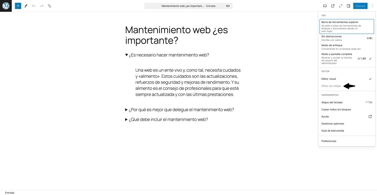 editor wordpress editor codigo desactivado